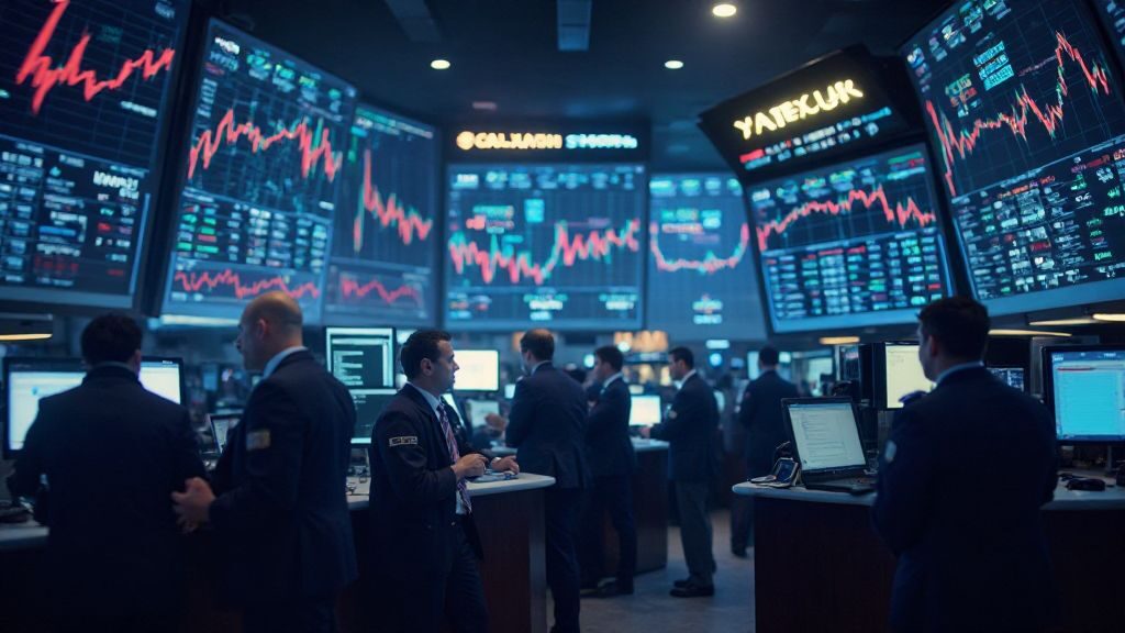 Active investment strategies: Traders working on the stock market floor with stock charts displayed.