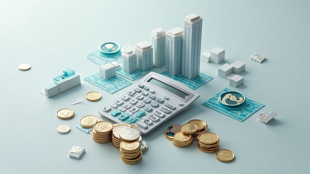 Investing rule of 72: Calculator alongside symbols representing financial calculations and investments.