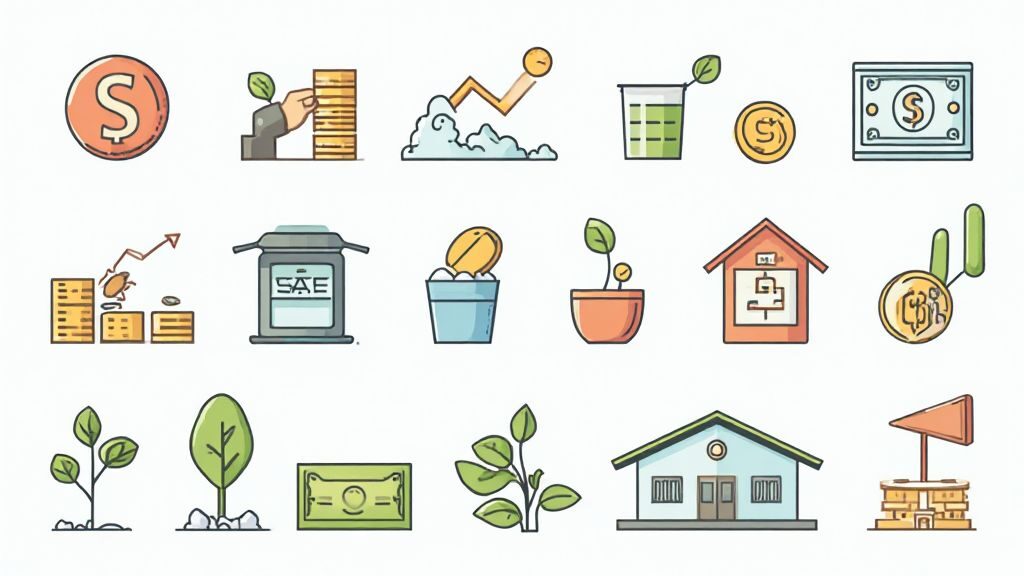 Investing for beginners: A variety of investment symbols illustrating diverse options available.