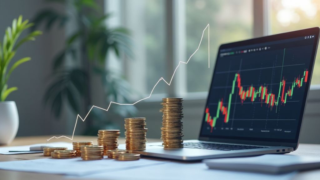 Illustration showing dividend investing growth with charts and coins on a desk