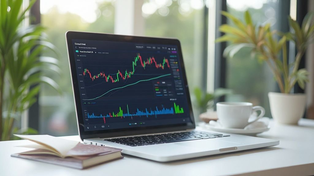 Investing for beginners concept with laptop displaying stock charts and beginner-friendly financial book on desk