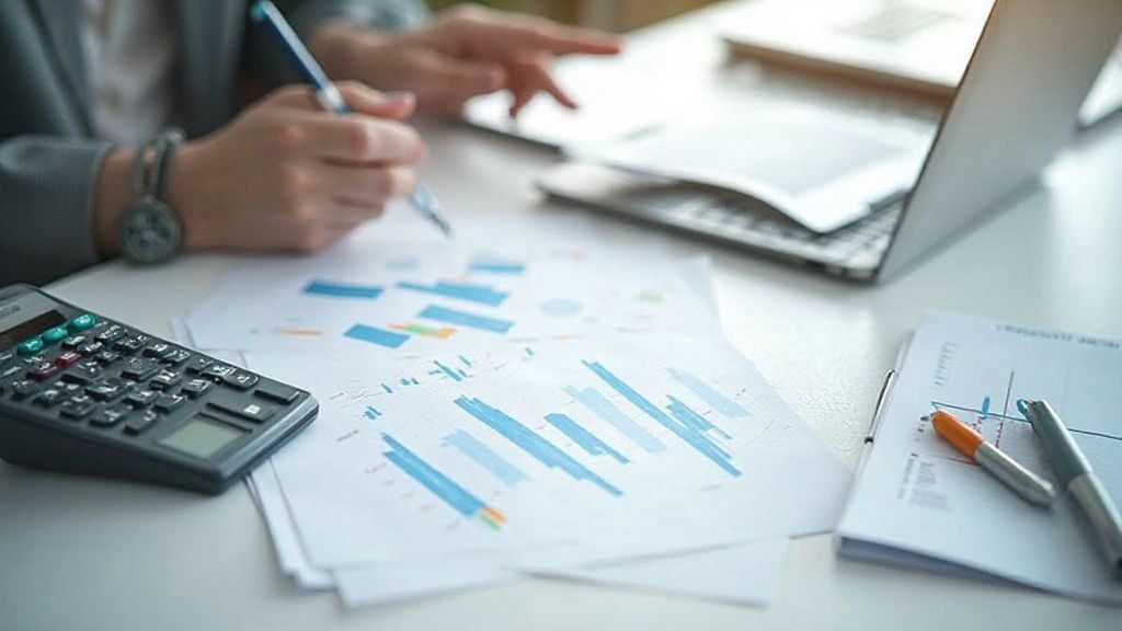 Clean modern desk setup showing investment basics materials like charts and calculators