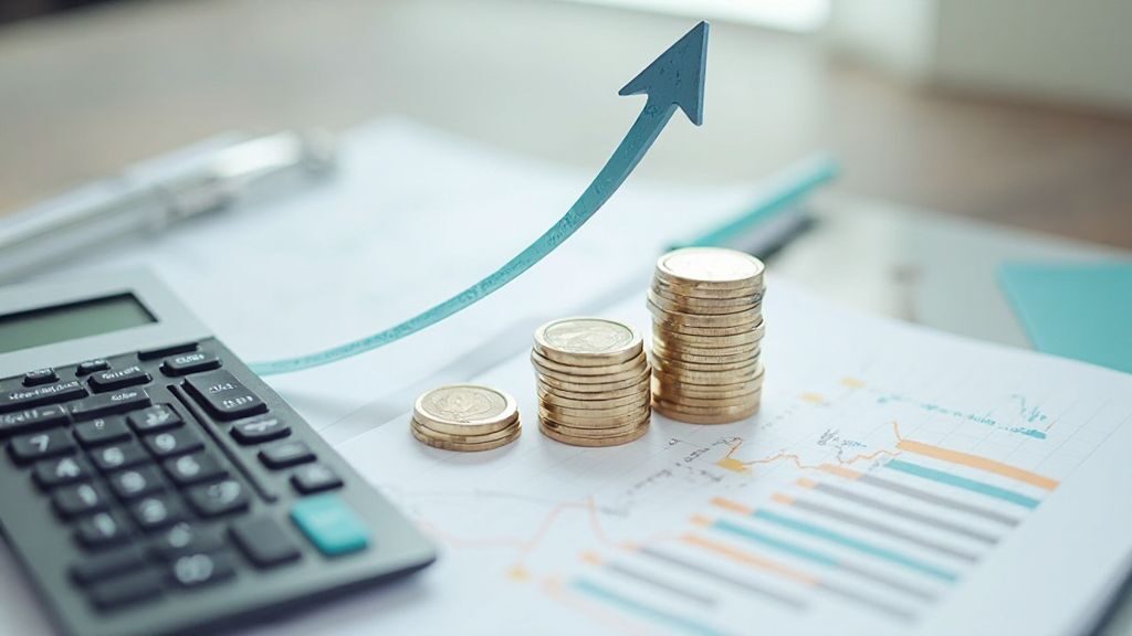 Investing rule of 72 concept showing calculator and coins doubling timeline