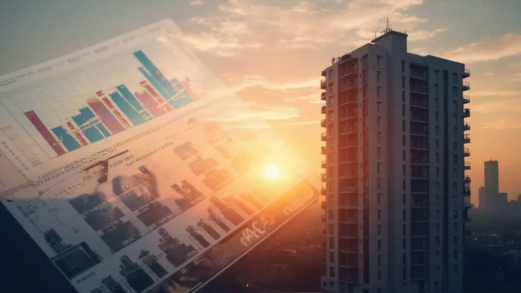 Hero image of a multifamily real estate investing scene with apartment towers and financial charts.