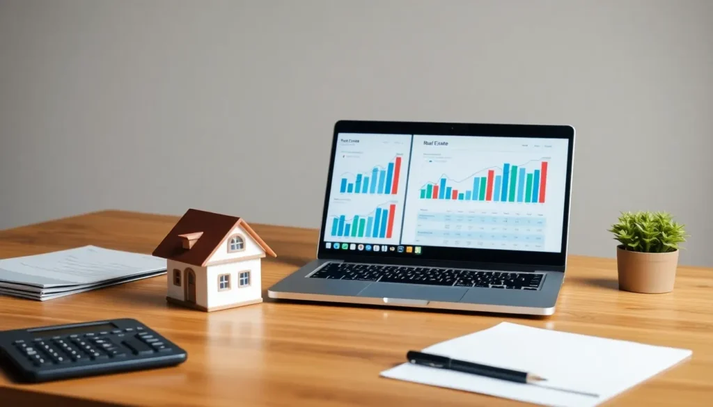Real estate investing workspace featuring charts, calculator, and house model for beginners