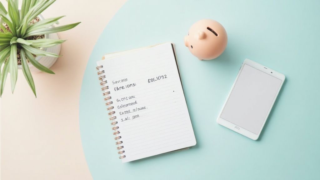 Saving money tips illustrated by a notebook, piggy bank, and phone calculator on a minimalist background