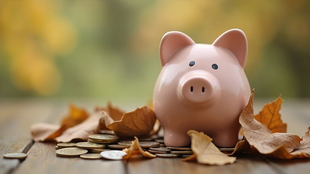 Saving money tips: A piggy bank with coins and dried leaves.