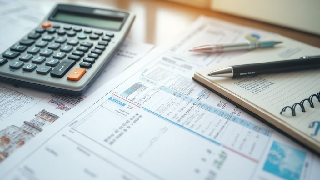 Saving money tips: Budgeting tools like calculators and notepads for effective planning.