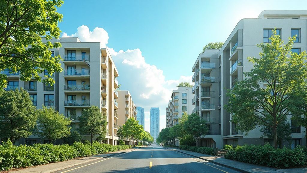 Multifamily real estate investing in a vibrant urban landscape setting with greenery.