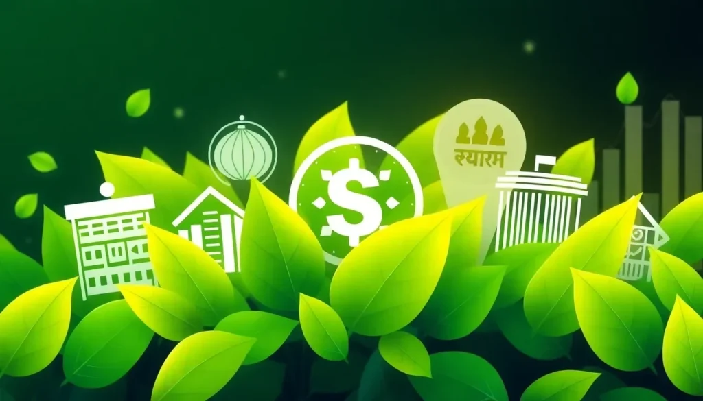 Graphic showing esg investing trends with Indian market symbols and green growth visuals