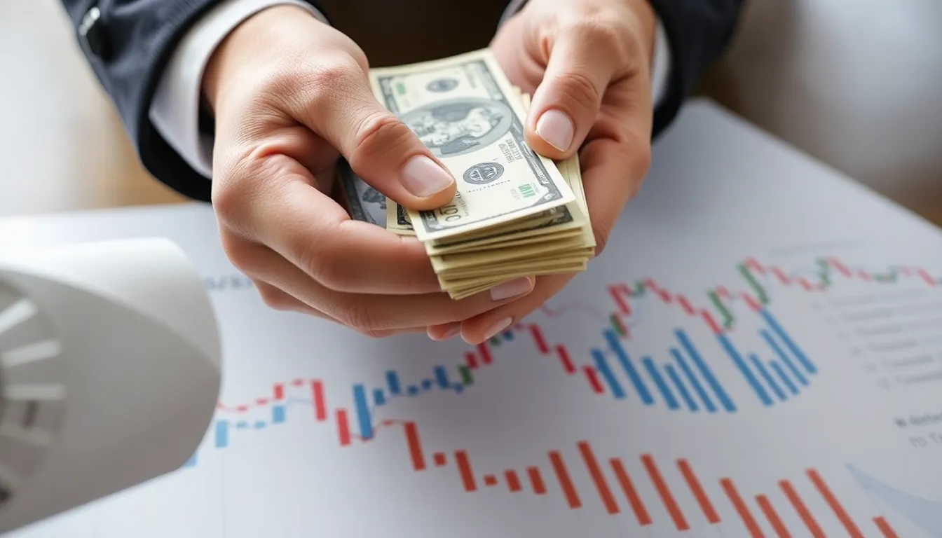 Hands exchanging money over a financial chart illustrating banking transactions and investments.