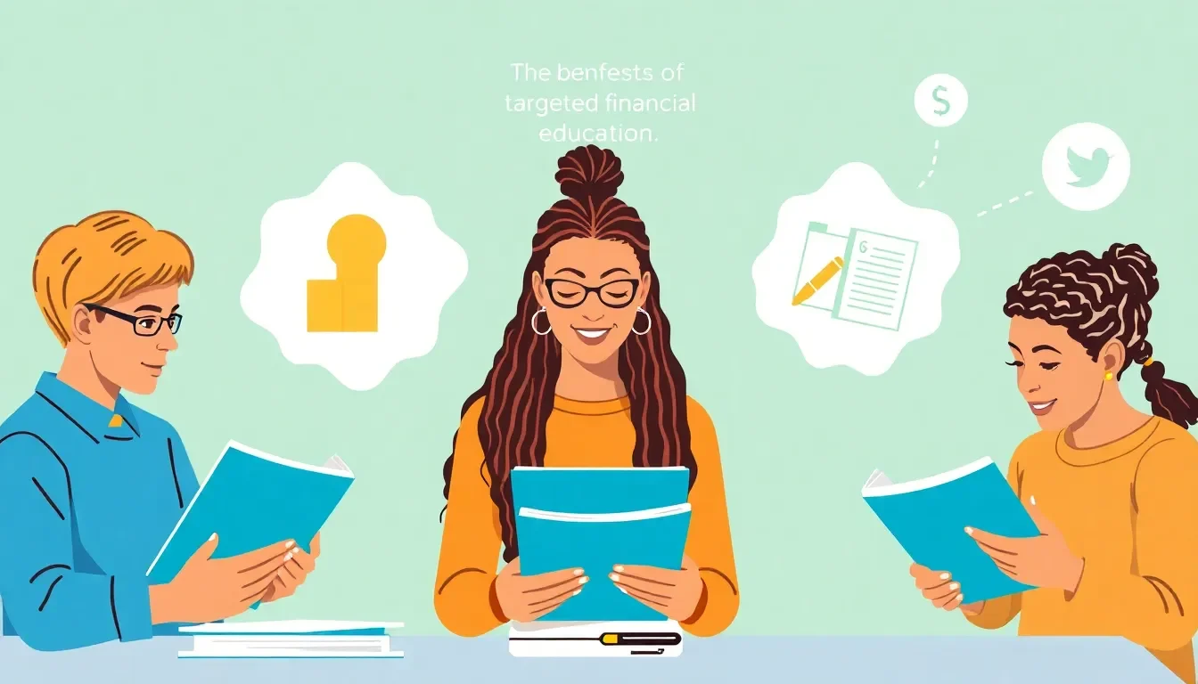 Illustration of a personal finance course showing various learners benefiting from targeted financial education and relevant topics.