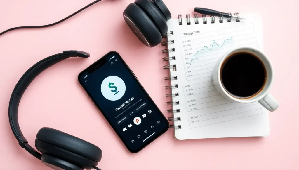 Image of the best personal finance podcasts interface with headphones and budgeting notes