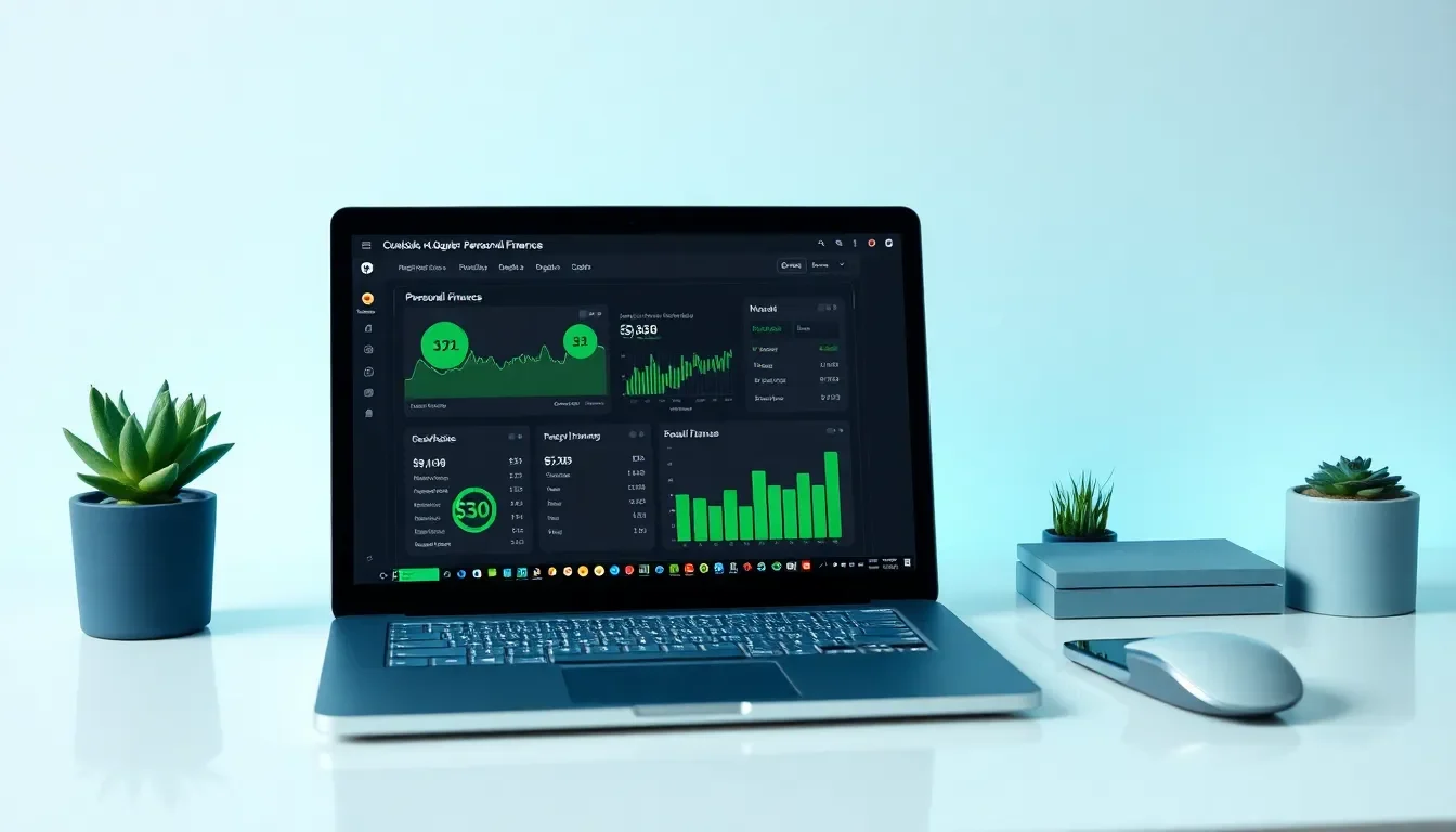 Laptop displaying QuickBooks for personal finances dashboard with budget and expense charts