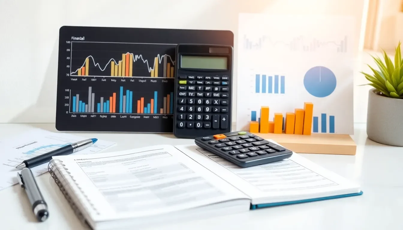 workspace showing focus on personal finance with charts, calculator, and notebook