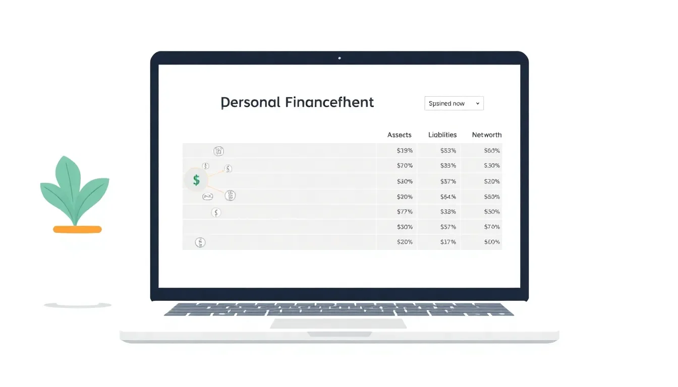 Screenshot of a personal finance balance sheet showing assets, liabilities, and net worth overview