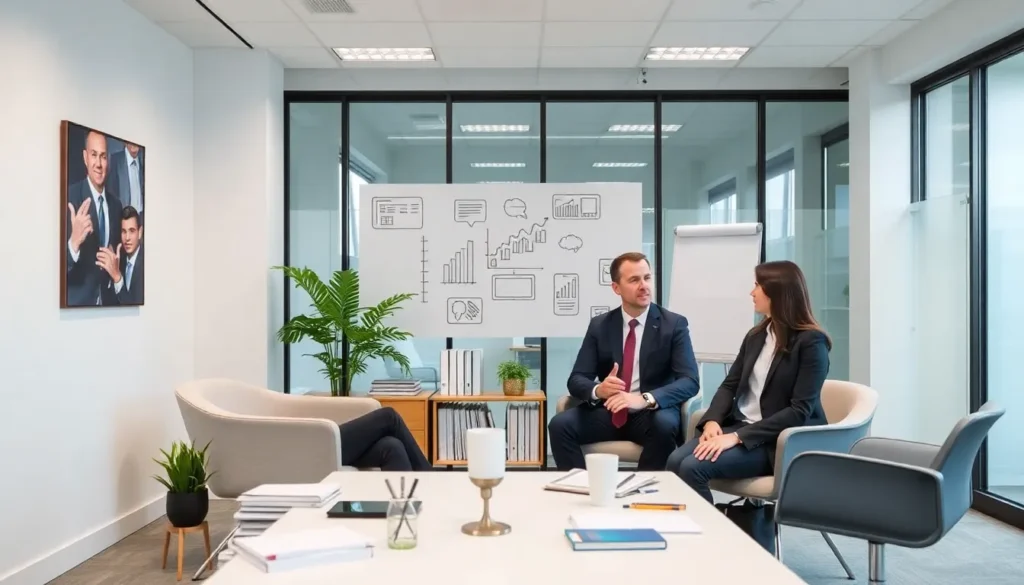 Investment banking professionals collaborating in a modern office.