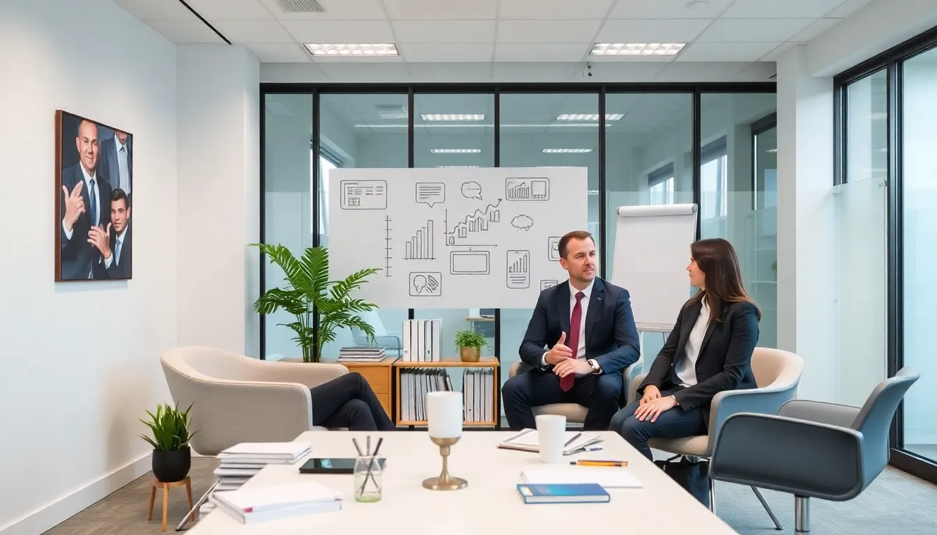 Investment banking professionals collaborating in a modern office.