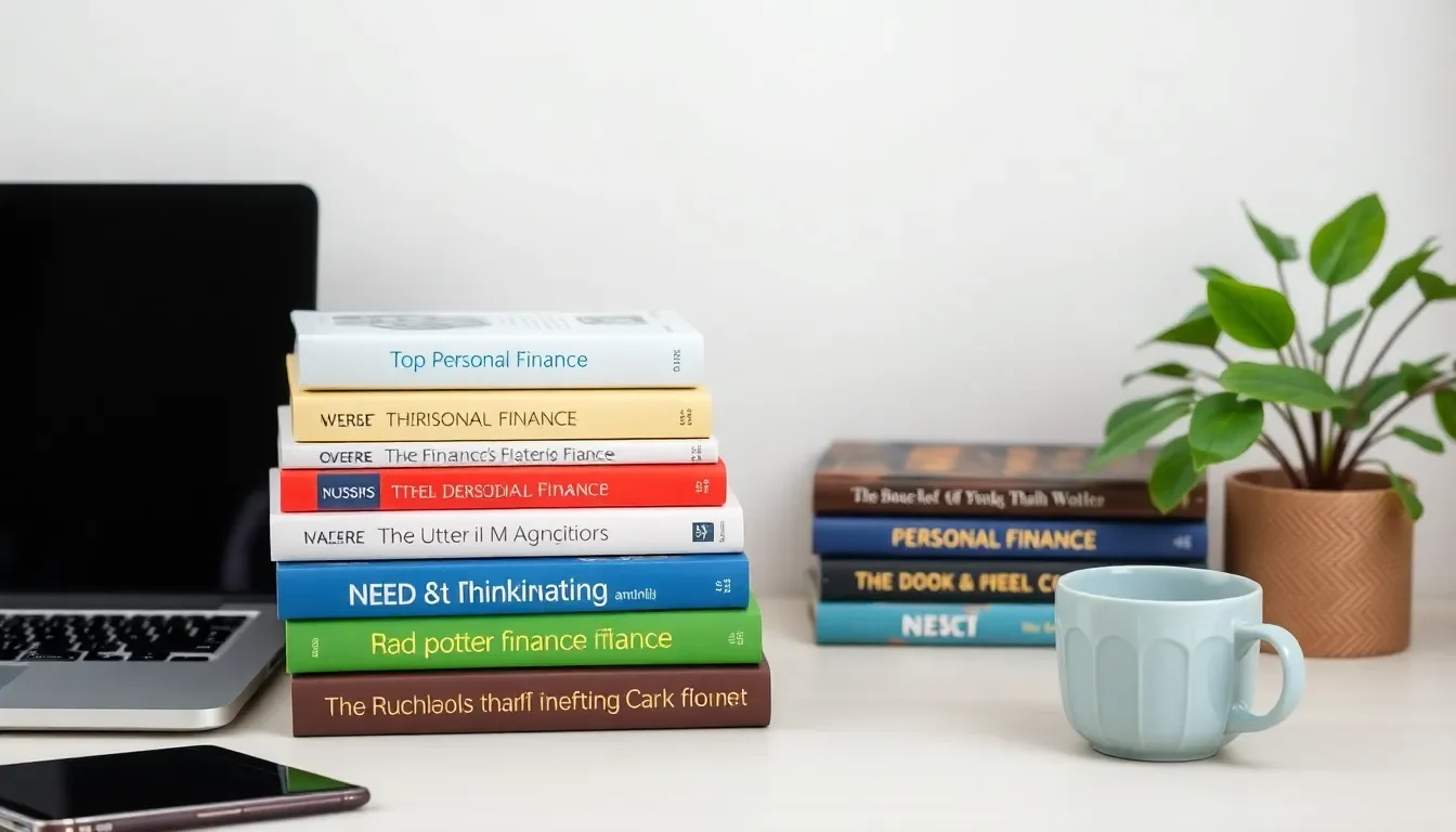 Flat lay of personal finance books on a desk with laptop and coffee mug