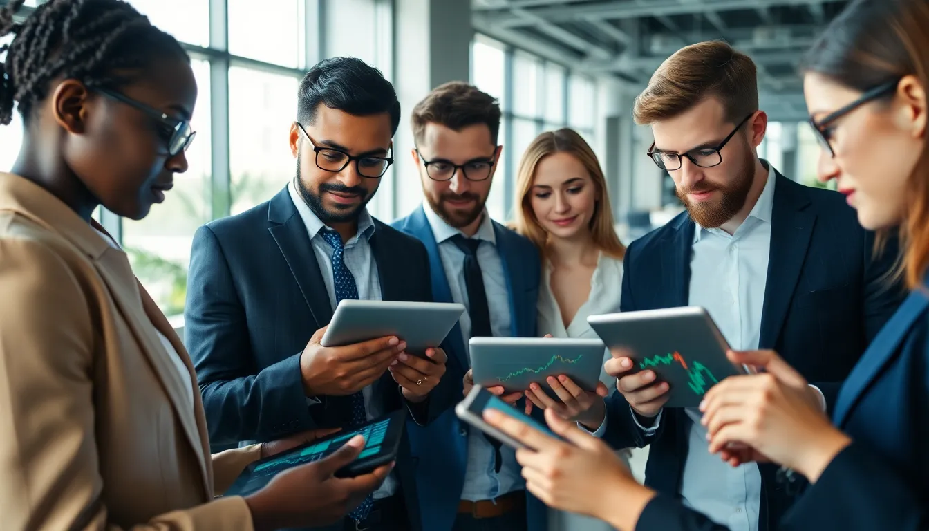 diverse professionals analyzing stock market charts