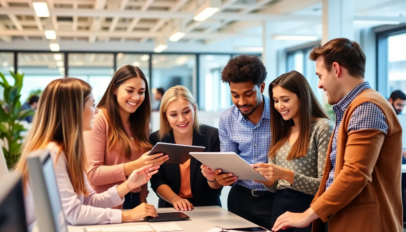 A dynamic office scene representing entry level finance jobs and teamwork.