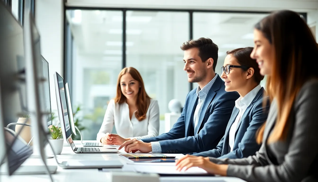 Young professionals discussing entry level finance jobs in a bright office setting.